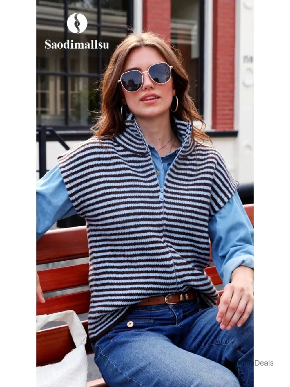 Women's Striped Zip-Up Sweater Vest Sleeveless Knit Cardigan